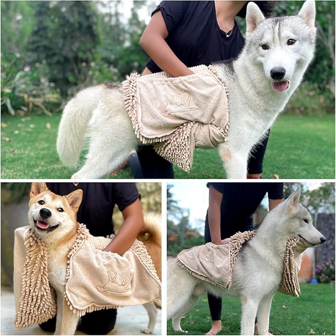 Tuff Pupper Quick Dry Towel for Dogs | Ultra Absorbent Microfiber Shammy | Extra Large 35x15 Size for All Breeds | Comfortable Hand Pockets | Indoor Outdoor Use | Durable Material | Machine Washable