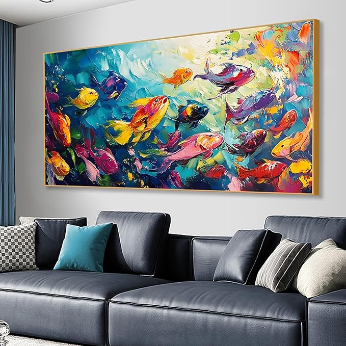 School of Fish Printed Canvas Wall Art – Framed Abstract Ocean Print – Vibrant Fish Wall Decor for Living Room, Bedroom, Office (Gold Framed, 62"x31"|160x80cm)