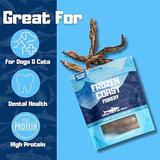 Frozen Coast Capelin Cat & Dog Treats- Single-Ingredient, All-Natural, High-Protein, Omega-3s, Fish Snacks (3 oz Bag)
