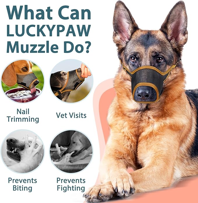 LUCKYPAW Dog Muzzle, Mesh Muzzle for Large Medium Small Dogs, Soft Mouth Guard for Biting Chewing, Breathable Mouth Guard with Adjustable Strap for Training(Brown, XS(Snout:6.5"-7.5"))