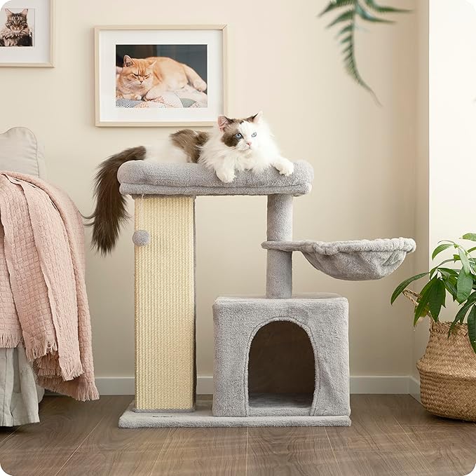 Ouritsu Cat Tree, 27 inch Cat Tower for Large Cat Indoor, Enlarged Condo, 1 Widened Padded Perch, Luxury Tall Scratching Post, Fluffy Basket, Light Gray, MF002GA