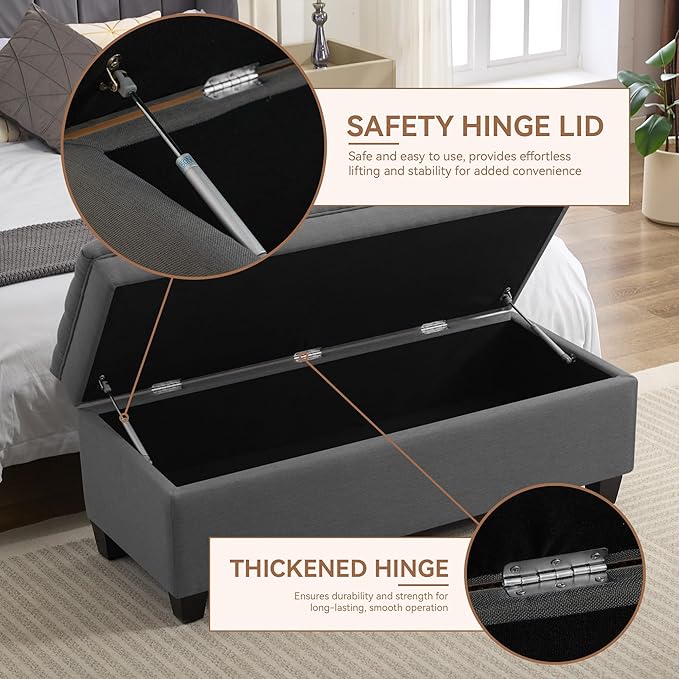51" Fabric Storage Ottoman Bench, Upholstered Rectangle End of Bed Storage Ottoman Tufted Living Room Bedroom Bench with Safety Hinge, Solid Wood Legs, Loads 500 lb(Dark Grey)