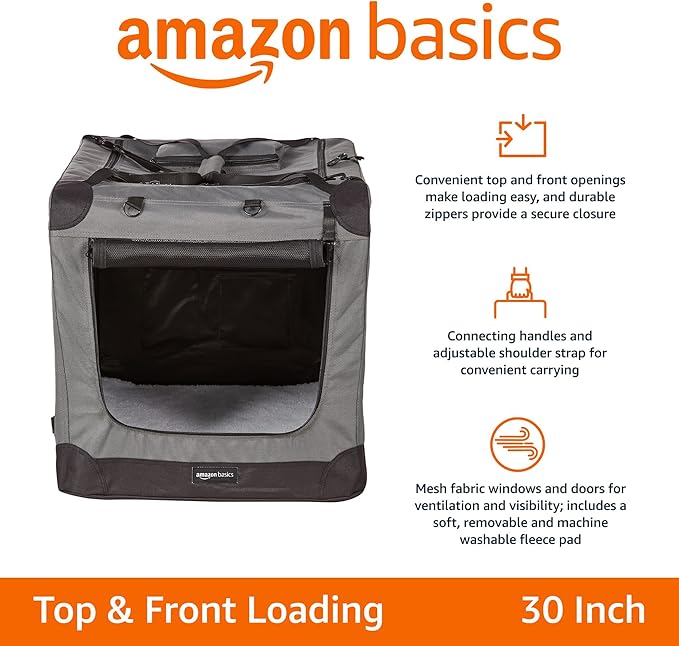 Amazon Basics Folding Portable Soft Pet Dog Crate Carrier Kennel, 30 x 21 x 21 inches, Grey