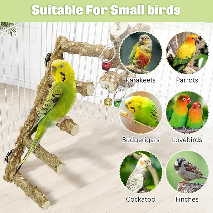 BNOSDM Natural Wood Bird Ladder Perch with Rotating Bell Toys-Exercise Stands for Parrot Climbing Chewing Parakeet Bridge Cage Accessories for Cockatiel, Conures, Lovebirds, Budgie