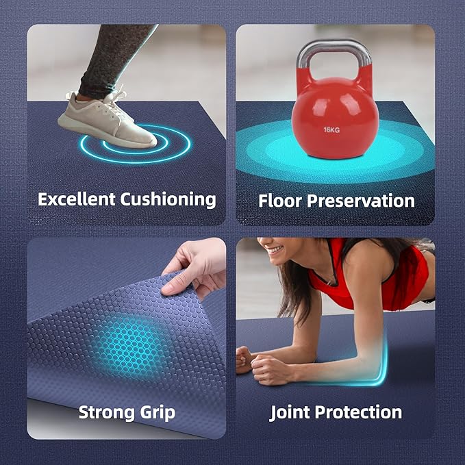 Large Exercise Mat for Home Workout,12‘x6’/10'x6'/9'x6'/8'x6'/7'x5'/6'x4' (7mm) Extra Thick Workout Mat, High-Density Gym Mat for Cardio, Jump Rope, MMA, Weights (Shoe-Friendly)
