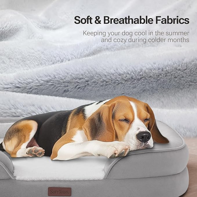 Soft Touch Orthopedic Dog Bed for Large Dogs with Faux Fur Top, Waterproof Pet Couch Bed with Removable Washable Cover and Supportive Foam Filling (Grey, Large)