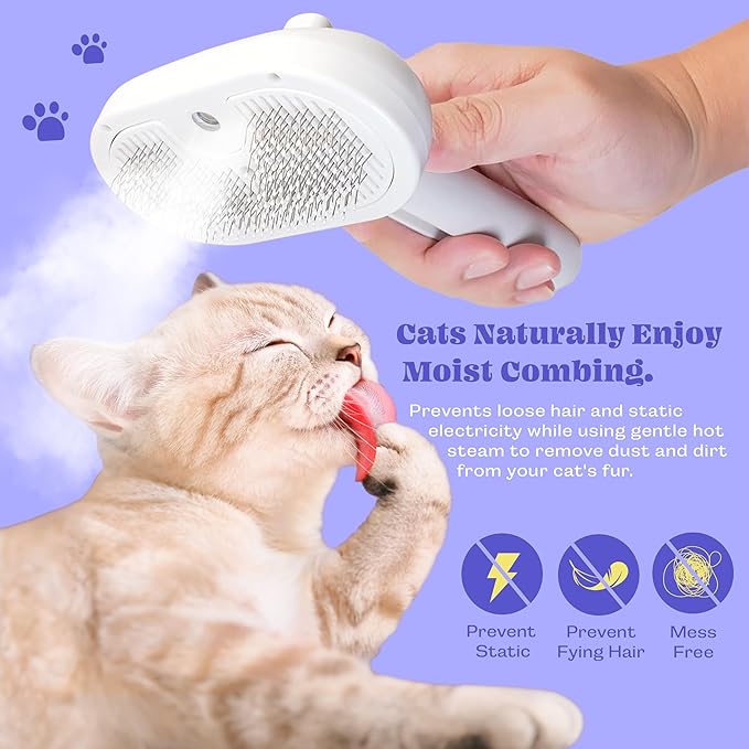 Rechargeable Silicone 3 in 1 Pet Hair Removal Tool - Self Cleaning Steamy Brush for Massage, Shedding & Grooming - Cat & Dog Hair Remover
