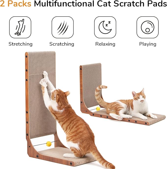 FUKUMARU Cat Scratcher, 26.8 Inch Cat Scratch Pad for Indoor Cats, L Shaped Cardboard Vertical Cats Scratching Board with Ball Toy, Walnut Color, 2 Packs