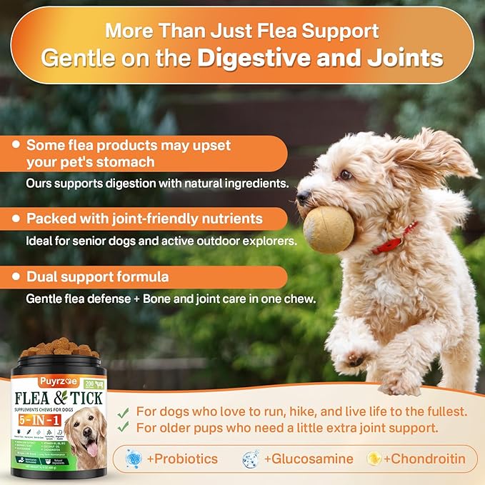 5-in-1 Dog Flea and Tick Treatment Chewable, Natural Flea and Tick Prevention for Dogs Chewable - Flea & Tick | Hip & Joint | Skin & Coat | Immunity Support | Digestive for All Breeds & Sizes