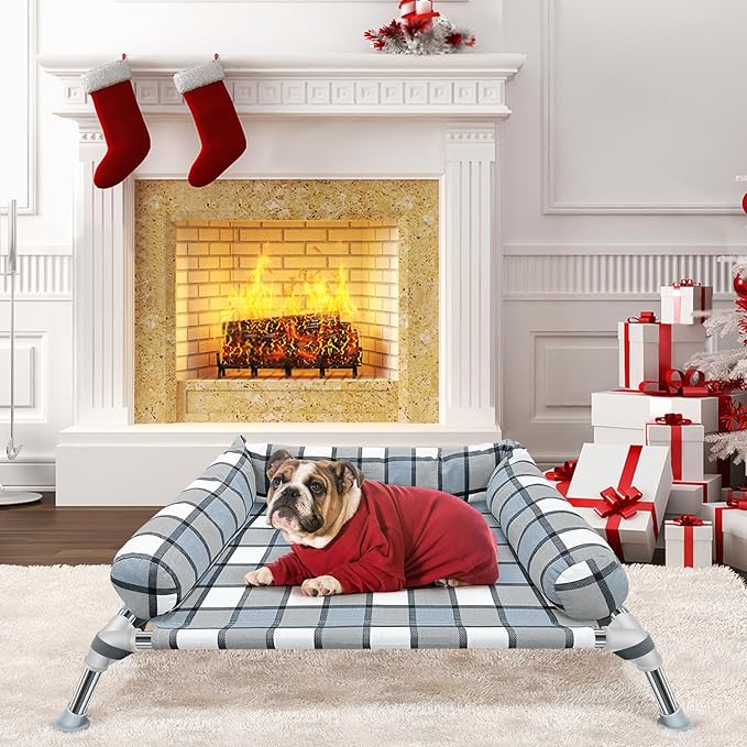 Elevated Raised Dog Bed Cot - Cooling Dog Bed with Pillows, Portable Washable Pet Cot with Metal Frame for Indoor & Outdoor Use