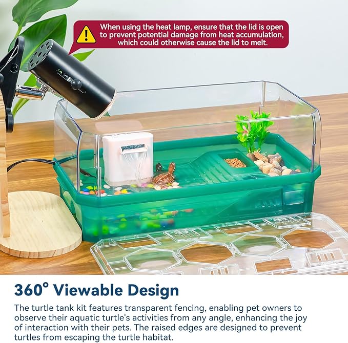 Aquatic Turtle Tank Habitat Kit Stone+Filter+Heat Lamp Enhancing Interaction with 360° Viewing, Standalone Filtration, DIY Creative Zone, Enriched Living (Green, Medium[with Light])