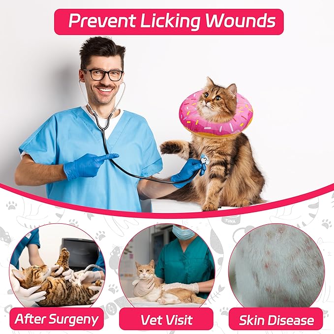 Cat Cone Soft Collar, Adjustable Cat Recovery Collars Kitten Cones to Stop Licking, Cute Donut Neck Collar After Surgery, Elizabethan Kittens Protective Cones After Spay (Donut Pink, Medium)