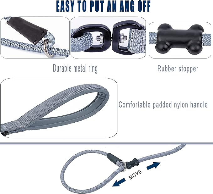 Slip Lead Dog Leash，Strong Nylon Rope Leash and Padded Handle,No Pull Outdoor Walking Training Lead for Small Medium Large Dogs (Grey,1/2"×4ft)