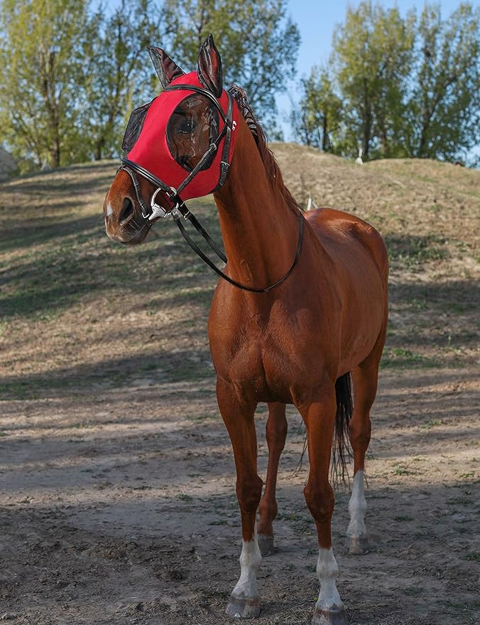 Horse Fly Mask with Ears, UV Protection Mask for Horses, Elasticity Mask with Big Mesh Eye Covers, Snug Fitting Comfortable Breathable Lightweight Rose Red Full Size