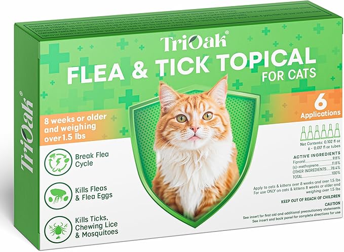 Flea and Tick Prevention for Cats: Flea & Tick Topical for Cats Over 1.5lbs, 6 Dose Flea and Tick Control/Prevention for 6 Months (6 Pack)