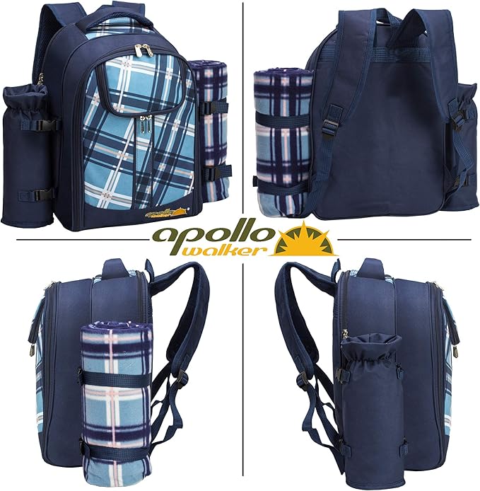 Apollo Walker Picnic Backpack Bag for 2 Person with Cooler Compartment, Detachable Bottle/Wine Holder, Fleece Blanket, Plates and Cutlery (Blue)