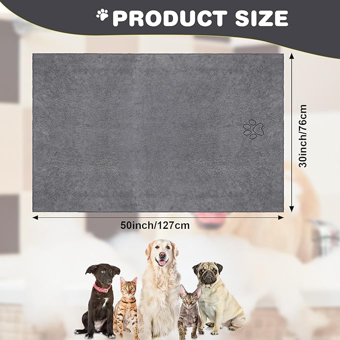 Chumia 4 Pack Dog Towels for Drying Large Microfiber Grooming Tools Absorbent Soft Bath Supplies with Embroidered Paw for Small Medium Pet Products (30 x 50 Inch,Blue,Black,Gray,Brown)