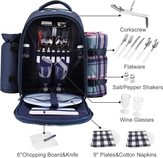 Apollo Walker Picnic Backpack Bag for 2 Person with Cooler Compartment, Detachable Bottle/Wine Holder, Fleece Blanket, Plates and Cutlery (Blue)