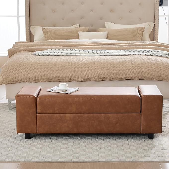 Storage Ottoman Bench 55 Inch Upholstered Comfy PU Leather End of Bed Bench with Large Storage for Bedroom/Living Room/Entryway/Closet(Brown)