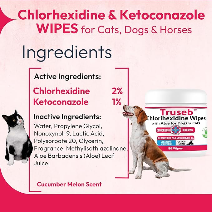 Truseb Topical for Dogs, Cats and Horses - with Aloe for Cleansing (Ketoconazole & Chlorhexidine Wipes, 100 Count)