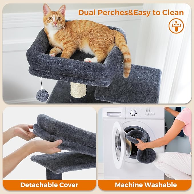 PAWZ Road Cat Tree, 53.5 Inches Tall Cat Tower with Spacious Hammocks, Condos and Scratching Posts, Cat House with Dual Padded Perches for Indoor Large Cats-Dark Gray