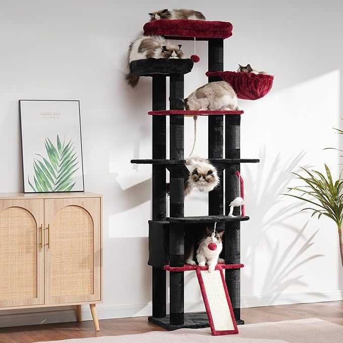 Heybly Tall Cat Tree, 78-inch Multi-Level Cat Tower for Indoor Cats, 2 Widened Plush Perches Cat Condo with Scratching Board and Big Caves, Black and Red HCT033BR