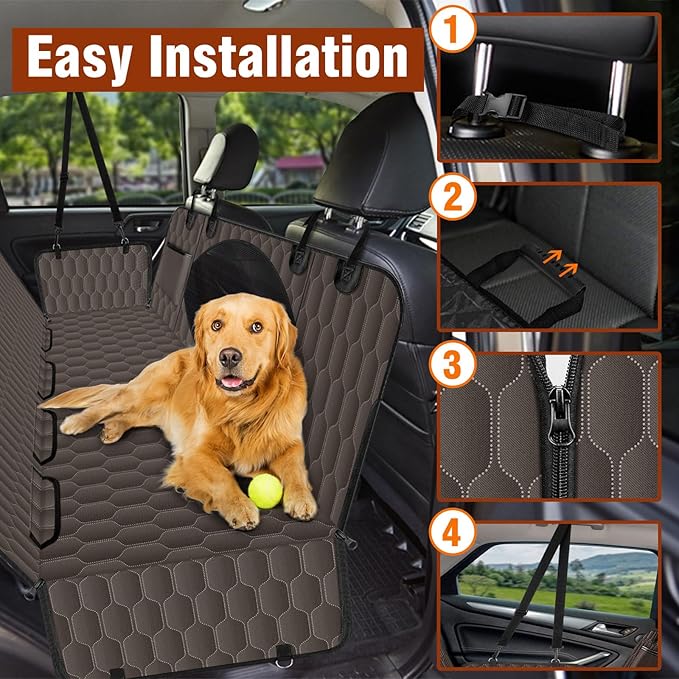 Waterproof Dog Car Seat Cover - Scratch Proof Nonslip Back Seat Hammock with Mesh Window & Storage Pocket for SUVs/Trucks/Sedans-S, Brown/Black