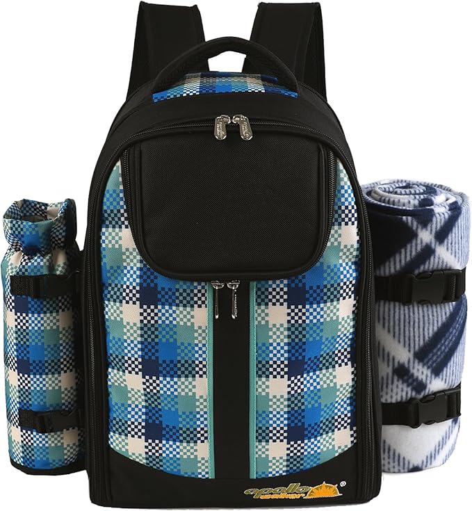 apollo walker Picnic Backpack Bag for 2 Person with Cooler Compartment, Detachable Bottle/Wine Holder, Fleece Blanket, Plates and Cutlery Set