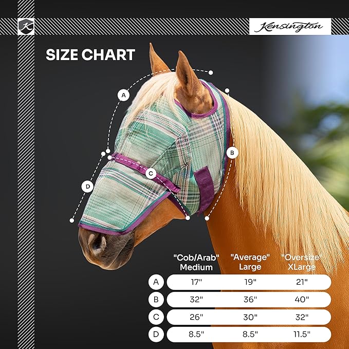 Kensington Signature Fly Mask with Removable Nose — Protects Horses Face and Nose from Biting Insects and UV Rays While Allowing Full Visibility — Ears and Forelock Able to Come Through The Mask