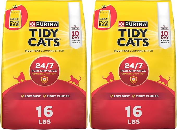 Purina Tidy Cats Clumping Cat Litter Odor Control, 24/7 Performance Multi Cat Litter - 16 lb. Bag (Pack of 2)