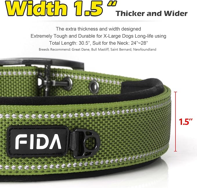 Fida Heavy DutyDog Collar for Large Dogs, Ultra Comfortable Soft Neoprene Padded, Adjustable Reflective Nylon Pet Collar with Durable Metal Belt Buckle for Extra Large Breeds(XL, Green)