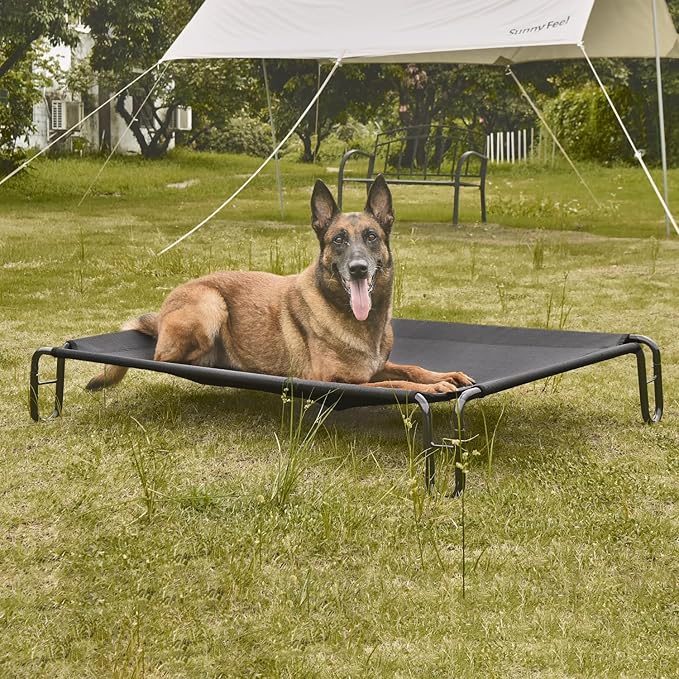 pettycare Elevated Outdoor Dog Bed - Raised Bed for Large Dogs, Waterproof Cot Easy to Assemble, Cooling Elevated Cot with Breathable Teslin Mesh, Durable, Non Slip, Up to 65 lbs,Black