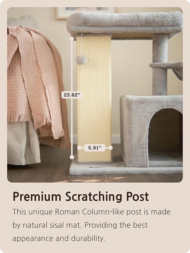Ouritsu Cat Tree, 27 inch Cat Tower for Large Cat Indoor, Enlarged Condo, 1 Widened Padded Perch, Luxury Tall Scratching Post, Fluffy Basket, Light Gray, MF002GA