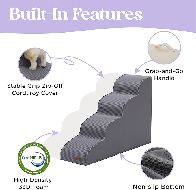 Lesure Dog Stairs for Large Dogs Pet Steps Ramp for High Bed with CertiPUR-US Certified Foam with Non-Slip Bottom, Grey, 5 Steps