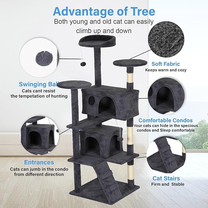 FDW Cat Tree Tower 62in Multi-Level Durable Cat Scratching Post & Cozy Fun Jumping Platform Space Saving Condo Pet Play House for Indoor Cats,Dark Gray