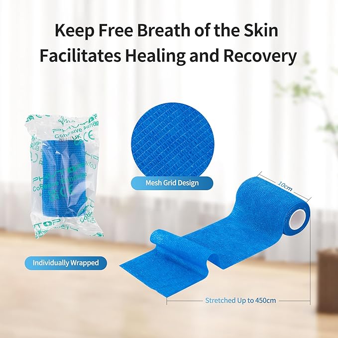 PHYTOP Adhesive Bandage Wrap 12 Pack Vet Wrap 4 inches x 5 Yards, Self Adhesive Cohesive Bandage Tape for Wrist & Ankle Protection (Blue)