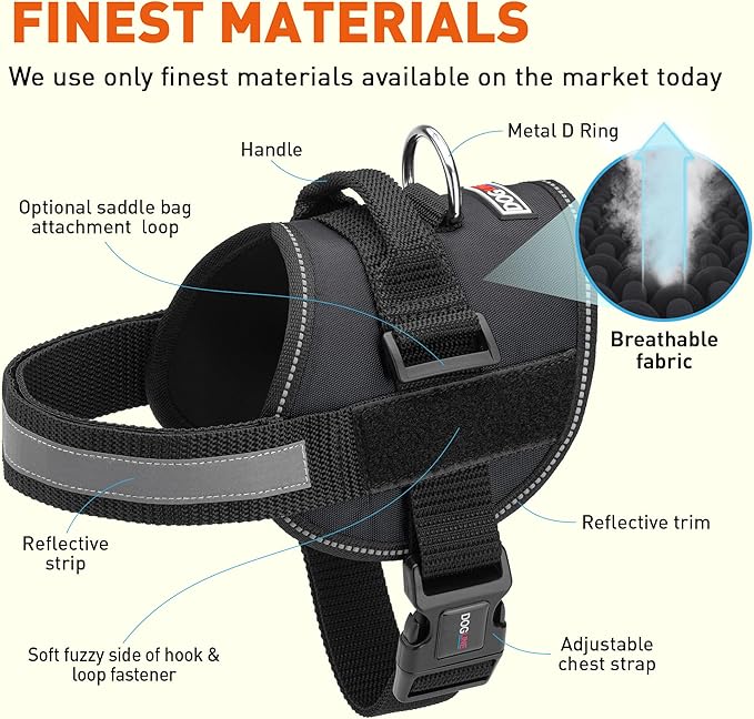 Dogline Dog Harness, Reflective No-Pull Adjustable Vest with Handle for Walking, Training, Breathable, No - Choke Harness for Small, Medium or Large Dogs Room for Patches Girth 18 to 24 in Black