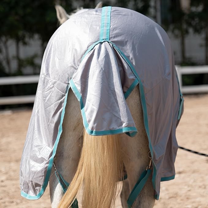 Horse Fly Sheet with Detachable Neck Cover & Belly Wrap, Adjustable Fly Sheet for Horses, Ventilated Airflow Mesh Equine Cooling Summer Flysheet Grey 81