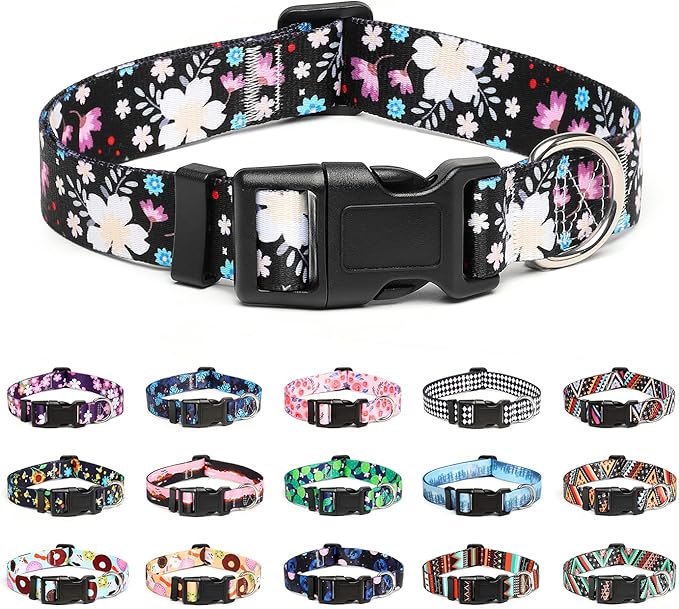 Mercano Adjustable Dog Collar - Special Design Patterns, Soft Nylon Comfortable Durable Pet Collar for Small Medium Large Dogs (S, Floral White)