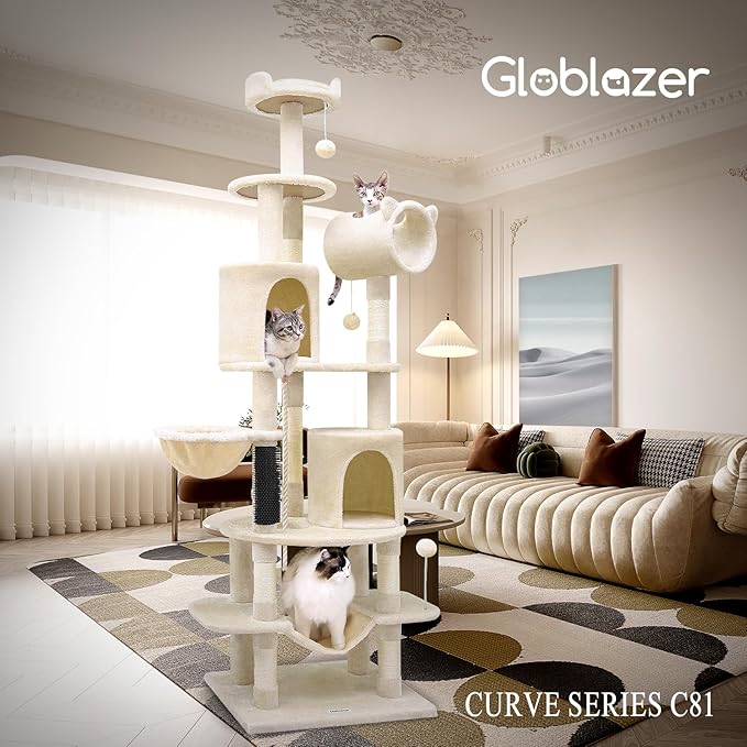 Globlazer Artistic Curved Cat Tower for Small Cats (Under 12 lbs), 81-inch Slim Design Cat Tree with Space-Saving Design, Indoor Cat Condo with Hammock & Tunnel, C81, Beige, Non-Large Cats