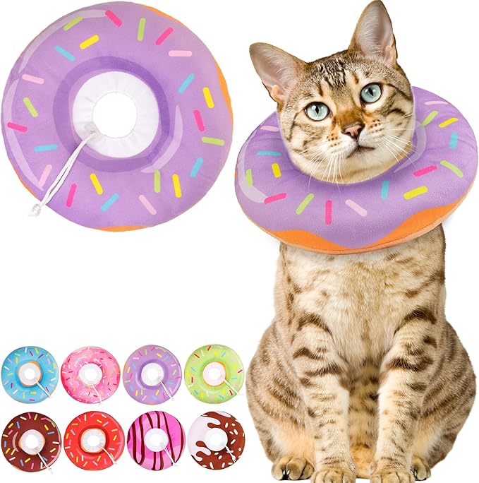 Cat Cone Collar Soft, Cute Cat Donut Collar After Surgery, Adjustable Kitten Recovery Cones to Stop Licking, Lightweight Neck Elizabethan Collars for Cats Kittens (Purple, Medium)