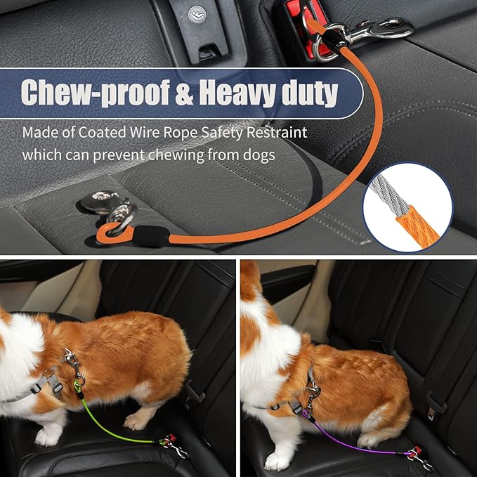 Dog Seat Belt Harness for Car,Dog Seatbelt of Coated Wire Leash Safety Restraint,No Chew Tether Cable Vehicle,Double Clips & Latch(Orange, 24 inch/60 CM)