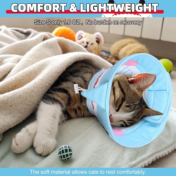 KOOLTAIL Cat Cone Collar, Adjustable Soft Comfortable Cat Recovery Collar to Stop Licking, Foldable Donut Water Resistant Pet Cone for Small Large Cats Kittens After Surgery Shark M
