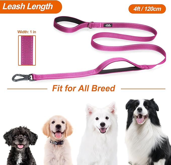 TwoEar 4FT 1IN Strong Rose Dog Leash with 2 Padded Handles, Traffic Handle Extra Control, Comfortable Soft Dual Handle, Auto Lock Hook, Reflective Walking Lead for Small Medium and Large Dogs