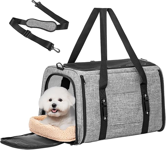 Petsfit Pet Carrier for Large Cats, Cat Carrier for Medium Cats and Puppy up to 20lbs, 4-Sided Breathable Mesh, Escape Proof and Locking Zipper, Sturdy Structure,Grey