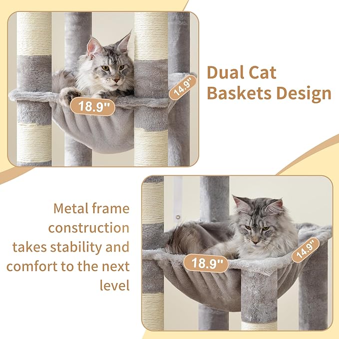 Heybly Heavy Duty Cat Tree, 71-Inch Tall Tower for Large Maine Coon with Extra-Large Baseboard, Cat Condo Furniture with Multi-Level Platforms, 2 Hammocks and 12 Scratching Posts, Light Gray HCT037W