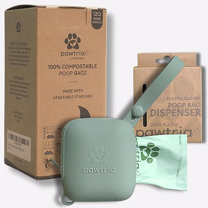 Pawtria Eco Duo Set: Home Compostable Dog Poop Bags (120) + Premium Silicone Dog Poop Bag Dispenser (3.25"H X 2.75"L), BPA-Free, Leak-Proof, Biodegradable, Zero Waste, Supports Rescue Dogs