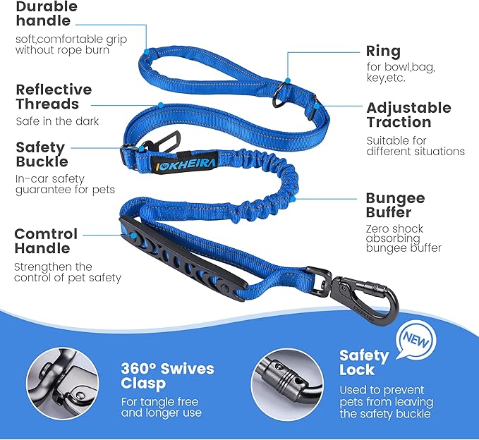 IOKHEIRA 6Ft /4Ft Dog Leash Rope for Large Dogs, Heavy Duty with Comfortable Padded Handle and Highly Reflective Threads,4-in-1 Multifunctional Dog Leashes with Car Seat Belt for Training (Blue)