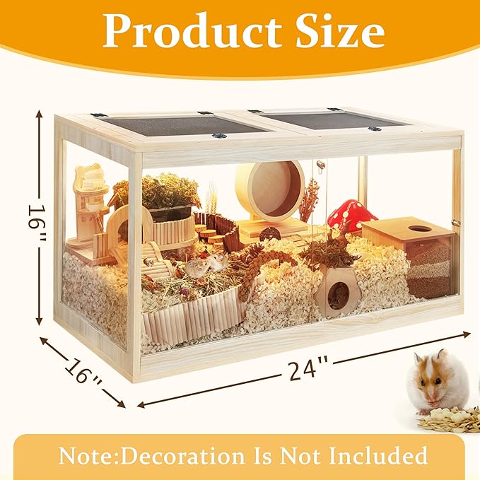 Prolee Hamster Cage with Openable Metal Mesh Top,Solid Built Hamster Enclosure with Lock Design for Gerbil Cage,Hamster Habitat Chewproof with Transparent Panels (24"x16"x16")