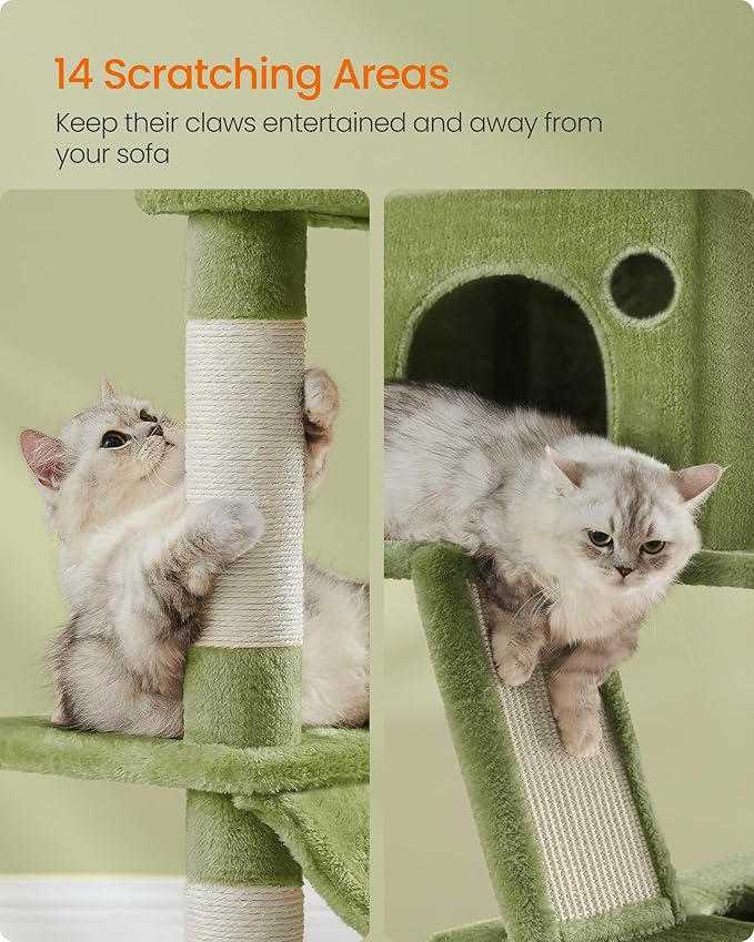 Feandrea Cat Tree, 81.1-Inch Large Cat Tower with 13 Scratching Posts, 2 Perches, 2 Caves, Basket, Hammock, Pompoms, Multi-Level Plush Cat Condo for Indoor Cats, Green UPCT190C01